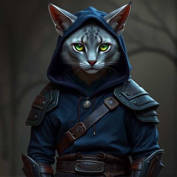Tabaxi gris, des yeux vert émeraude
Vêtue d'une tenue bleue nuit et d'une armure en cuire marron sombre avec une capuche.
L'armure couvre une partie du torse, les épaules, les avants bras, et les cuisses, ne porte pas de bottes.