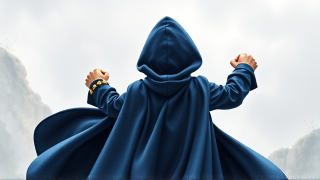 Back angled view of a little boy disguised and transformed into a mysterious blackened and shadowy figure with superpowers wreathed in a big, heel-length, ultra-wide blue hooded cape, calling himself the Chosen One, only being seen by his hooded and caped backside, with 50 magical golden Power Rings on his arms in front of him, 25 each covering them both. This little boy turned mysterious cloaked figure is seen flying fast as he soars through the air as he emerges from a portal with his cape billowing majestically, ramming himself fists-first into the midsection of the villain responsible for banishing him.