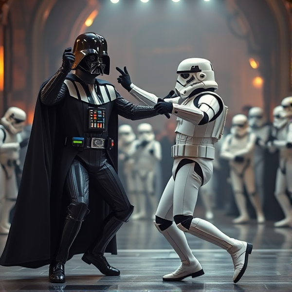 Stormtrooper breakdancing with Darth Vader