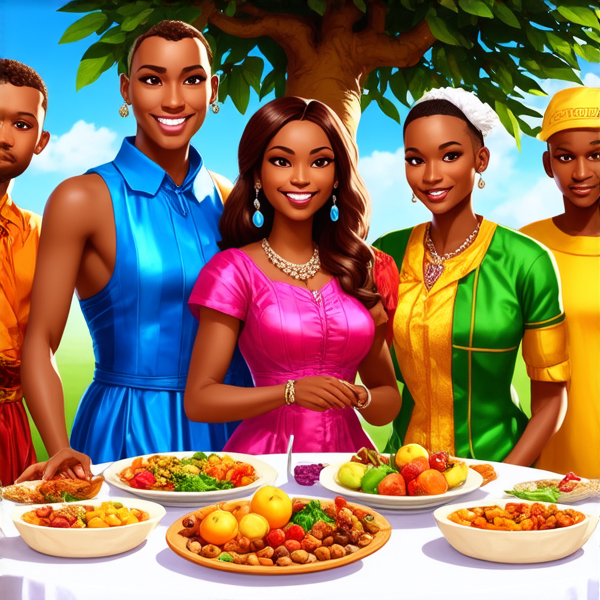 prompt: Un grand repas de famille traditionnel en plein air sous un baobab en Afrique, avec des plats locaux colorés et variés, des fruits exotiques, une grande nappe colorée, des hommes et femmes africains vêtus de tenues traditionnelles multicolores souriants et partageant un moment convivial