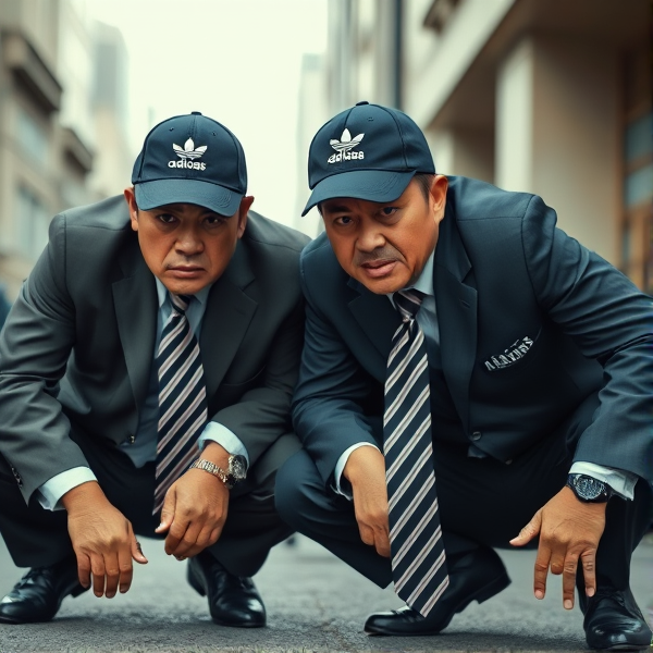 2 businessman japonais accroupis  avec casquette adidas et longue cravates rayées jusqu’au sol , regard faché,