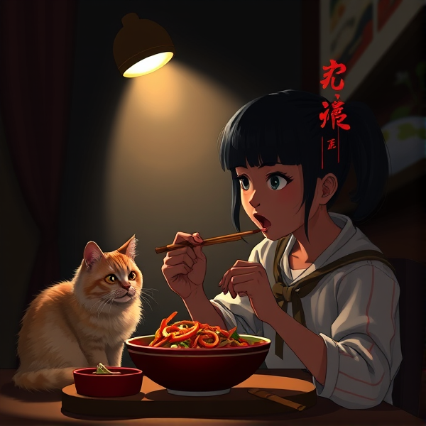 A black girl eating Chinese food next to her cat