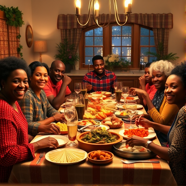 repas chaleureux d'une grande famille afro-américaine réunie autour d'une table festive, sourires et complicité, cuisine traditionnelle, intérieur accueillant
