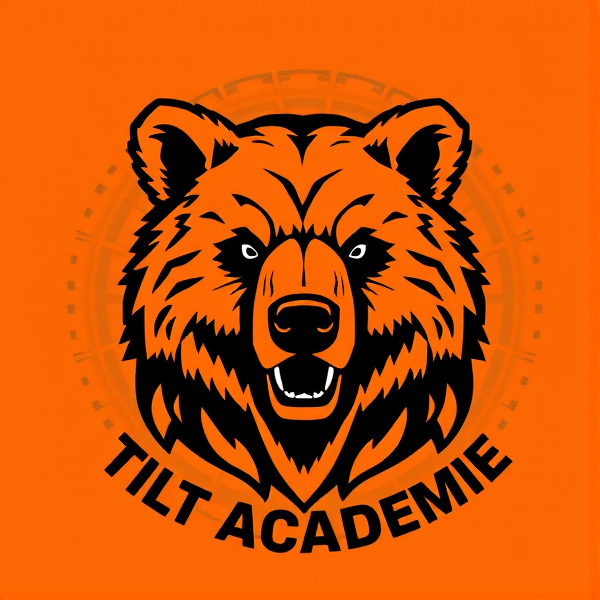 Conception d'un logo pour un club de football avec au centre une illustration détaillée d'un ourson grizzly. Autour de l'image centrale, intégrer des motifs dynamiques et modernes évoquant le mouvement et l'énergie sportive. La palette de couleurs est dominée par l'orange, complétée par des accents noirs pour un contraste saisissant. Le style doit être emblématique, facilement reconnaissable et adapté à l'esprit du football. Le nom "Tilt Académie" doit être mis en valeur et incorporé harmonieusement autour du logo dans une typographie moderne et impactante. L'ensemble du design doit refléter une fusion parfaite des éléments.