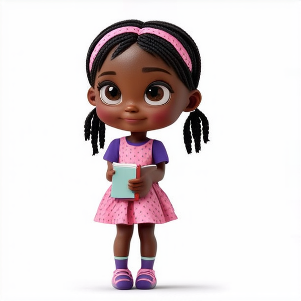 ecoliere en robe agée de 6ans noire avec des tresses africaines tenant un cahier dans ses mains