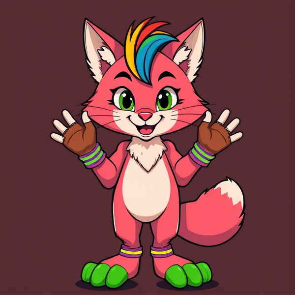 Unique fursona cat dog fox wolf pink and brown furry with scenecore fingerless gloves  and rainbow hair tuft, brightly coloured bracelets over the hands. Green paw pads full body artwork reference cartoony styled furry full body showing silly scenecore lil guy :3 standing on two legs with outline striped fingerless brightly colored gloves