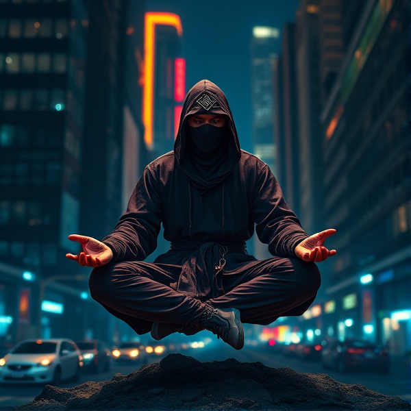 Ninja meditating levitating just above the ground at night in his home