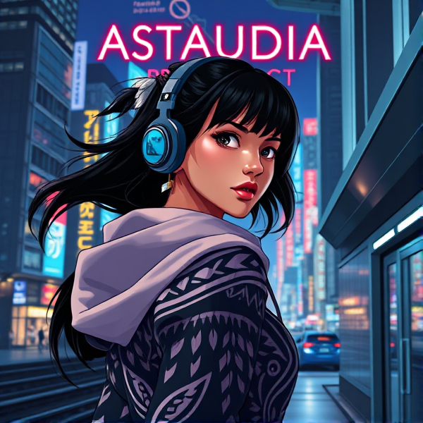 Create a 3D digital illustration featuring a Native American girl with flowing ebony hair, adorned in small tribal feather earrings. She's equipped with high-tech, conceptually designed headphones and sports a tribal-patterned hoodie (hood lowered) that hints at her heritage. As she glances back at us with a sultry, knowing gaze, desire in her eyes, she exits an underground subway station on the street level on the right side into an expansive, bustling night-time cityscape reminiscent of "Akira" or cyberpunk Tokyo. The metropolis should be filled with a myriad of vibrant neon Japanese holographic signs. At the top of this futuristic panorama, the words "ASTAUDIA PRODUCT" should be emblazoned in neon chrome using a retro-futuristic font.