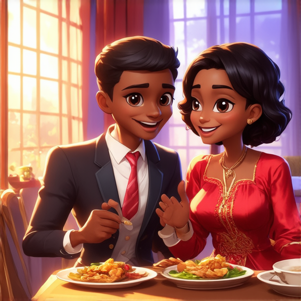 Modern African family wiht a dougther bys enjoying a meal together around a dining table, well-dressed in traditional attire, smiling and interacting with each other, in a cozy home interior with cultural decorations