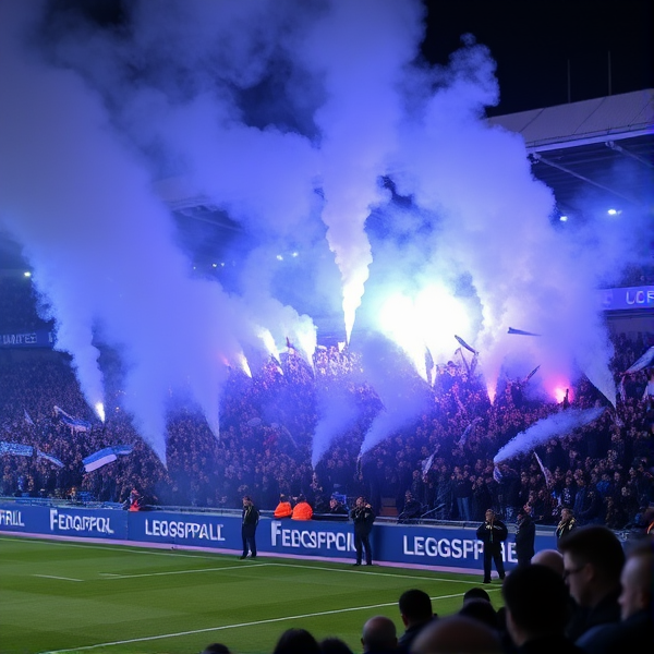 80 thousand fans for football club legsrspraed fc they were blue and white with smoke bombs and flares make them blue and white iswell with a display for katie dunne  include name