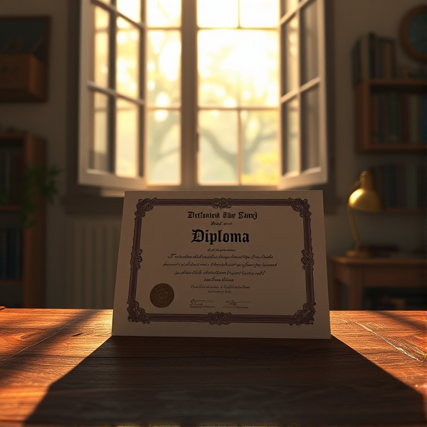 diplôme posé soigneusement sur une table en bois avec l'inscription diplôme lumière douce de matin filtrant par une fenêtre ouverte, ambiance studieuse