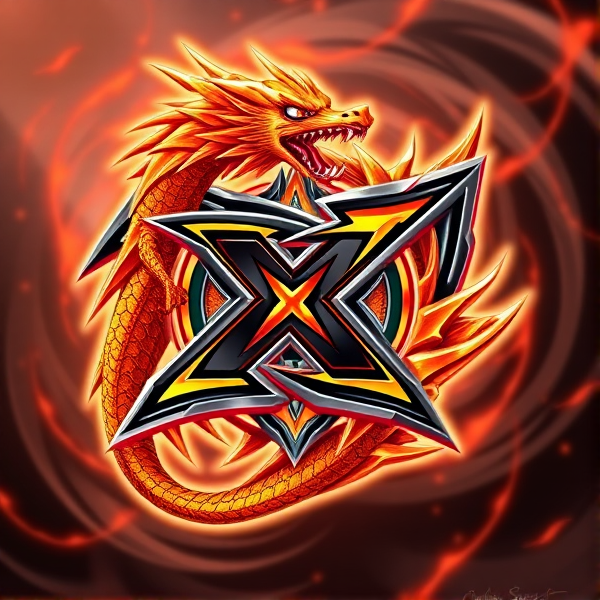 Beyblade x logo intricately intertwined with a fierce, dynamic orange and black dragon, scales glistening with metallic sheen, wings unfurled in a powerful stance, its tail artistically curling around the X enhancing the emblematic design, eyes glowing with an intense ember-like fire against a backdrop of swirling battle energy