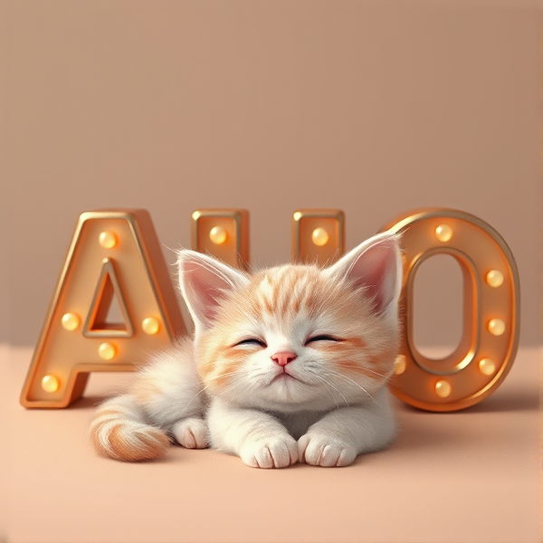 An adorable, fluffy kitten laying on the ground comfortably Infront of, shiny 3D block letters forming the acronym "AUO" with its eyes gently closed and a contented expression