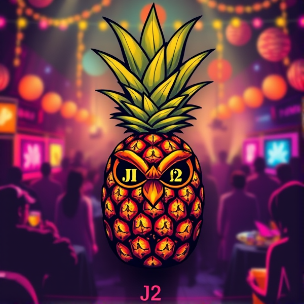 Conception d'un logo luxueux et détaillé, représentant un ananas stylisé aux traits exotiques et artistiques au centre d'une scène festive. Les initiales "J2" sont intégrées de manière subtile sur les y uz du visage de l ananaset bien visible dans le design, avec une touche créative qui les fond dans l'image sans les dissimuler. L'ananas affiche un visage expressif qui ajoute un caractère unique à la composition.