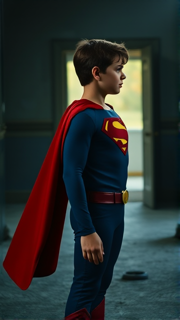 1990's Movie Scene: Jon Kent, AKA Superboy, the young little 12-year old super son of Superman, and the first kid to be born as the world's first Half-Kryptonian child, with an extremely muscular body, the iconic costume, the singular curled bang sticking out at the front of his flat and smooth hair, and a long cape, standing in an abandoned house at night, looking for clues to the mystery he is trying to solve.