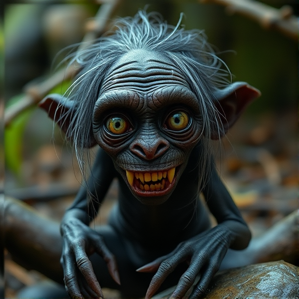 Make a photo of gollum from lord of the rings. He is a small, skinny, shriveled creature with black skin, six sharp teeth, only a few strands of long gray hair, and two large, luminous eyes. He has cold clammy hands and webbed feet.