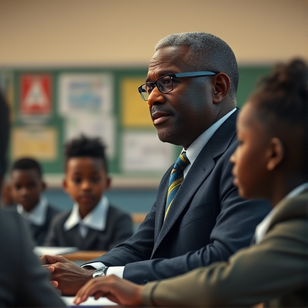 Un directeur d'école noire dans une salle de classe s'adresse à des élèves noires agés de huit ans