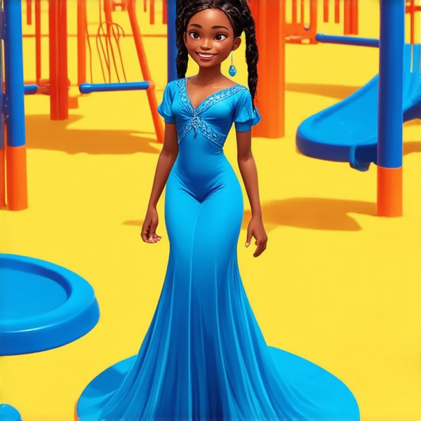 Jeune fille africaine de 8 ans, portant des tresses traditionnelles serrées et élaborées, vêtue d'une longue robe bleue, souriante et rayonnante de joie, debout au centre d'une cour de récréation ensoleillée avec des eleves en arrière-plan