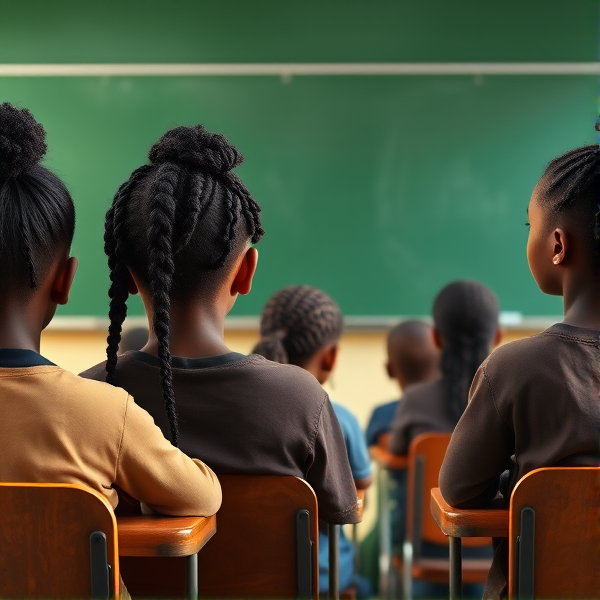 des filles noires de huit ans avec des tresses africaine et des garçons assis dans une classe face au tableau vert