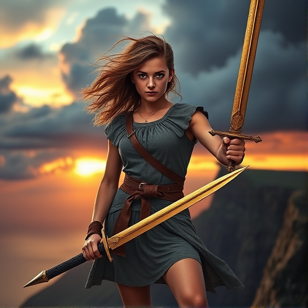 Piper McLean standing heroically on a cliff at sunset, with windswept hair and eyes glowing with stormy gray intensity. She's wearing a Greek demigod camp uniform and has a celestial bronze sword in hand. Her confident expression reflects her leadership qualities, embodying the daughter of Aphrodite with grace and battle-ready posture, all set against a backdrop of dramatic clouds and the hint of an encroaching monster shadow for an epic feel.