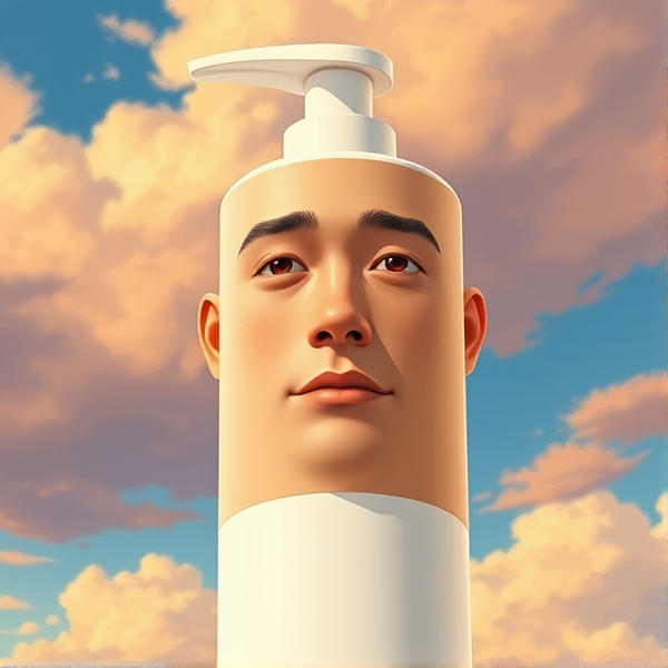 Human face realistically photoshopped onto a white cylindrical lotion bottle, detailed facial features like eyes, nose, and mouth seamlessly integrated with the label, skin tone of the face matching the texture of the bottle's surface, expression neutral and looking straight ahead, high-resolution image emphasizing the smooth blend where the neck would typically begin transitioning into the cap of the lotion bottle