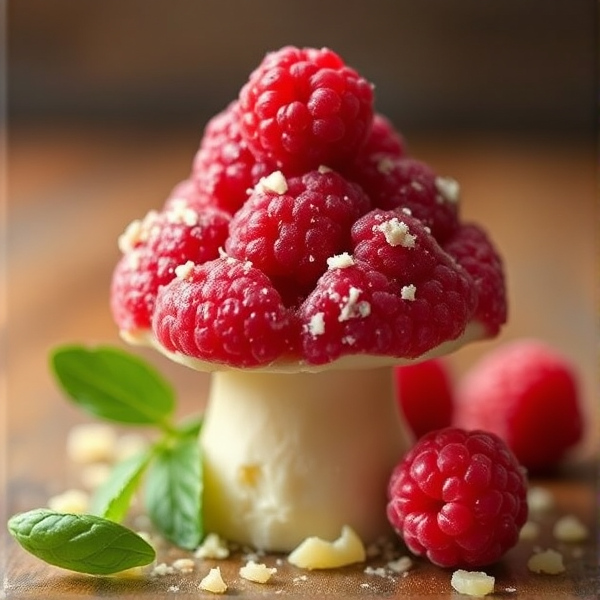 Raspberry as the cap of a mushroom and cheese as the stem