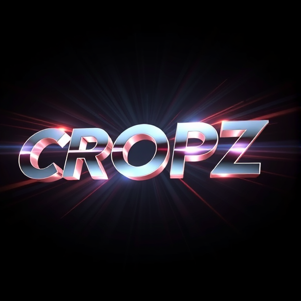 Create a visually arresting 3D logo for "CROPZ" that exudes ultra-modern, sleek design elements with bold sans-serif typography which dynamically bursts forth from a pitch-black background. Infuse the artwork with electrifying light beams inspired by the Capcut app icon's luminosity, casting profound shadows and creating striking highlights across the logo's contours. Incorporate a fusion of cutting-edge curves, crisp edges, and fluid lines to convey both rapidity and elegance. The logo should be enveloped in a metallic skin exhibiting a lustrous, mirror-like finish to dramatically bounce off light, imbuing it with an essence of vigorous motion.

Draw upon Pixar's hallmark of incisive imagery and pronounced geometric shapes, injecting the tableau with a lively color spectrum and polished surfaces for additional depth. Utilize rendering techniques paralleling Unreal Engine's hyper-realism and Octane Renderer's ray tracing capabilities to achieve mesmerizing reflections, alongside V-Ray's sophisticated lighting effects to accentuate the mood.

Strive for an overwhelmingly surreal visual spectacle that flirts with sci-fi elements, deliberately exaggerating every aspect for maximal impact. This creation ought to be perceived as audaciously lavish, overtly eschewing any inclination towards subtlety or minimalism.