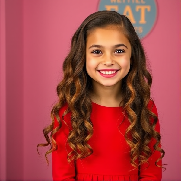 12 year old Riley Matthews (portrayed by Rowan Blanchard), with her really long wavy hair, smiling, wearing a bright red long sleeve dress, full body shot