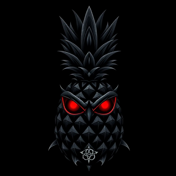 Conception d'un logo raffiné avec un ananas de couleur noire et stylisé, orné de motifs gothiques prononcés pour une ambiance sombre et menaçante. Intégration d'éléments décoratifs inspirés par l'ère victorienne, complétée par des symboles occultes subtils. L'ananas arbore une texture imitant le cuir noir finement travaillé et est embelli avec des épines acérées et pointues. Les yeux de l'ananas dégagent une lumière rouge sang intense évoquant une force sinistre. Le design doit être sophistiqué et mature, empreint d'une touche de mystère victorien et d'occultisme discret.tres coloré, jaune ,orange ,rose