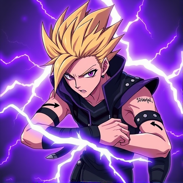 My hero academia oc. Blonde spikey jagged hair. Evil. Villain. 15. Purple electric quirk. Villain costume. Sleeveless. Scars on arm. Straps on arms. Purple eyes. Tight fighting. Tactical like .