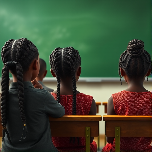 des filles noires de huit ans avec des tresses africaine et garçons assis dans une classe face au tableau vert