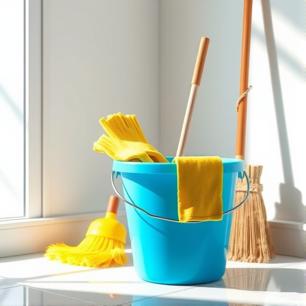 A meticulously arranged cleaning corner in a brightly lit room, featuring a shiny blue bucket filled with crystal-clear water, a neatly folded yellow mop resting beside it, a stiff-bristled scrub brush, and an upright broom with clean, natural straw bristles set against the wall. Soft shadows accentuate the textures of each object and the clean, tiled floor reflects the ambient light