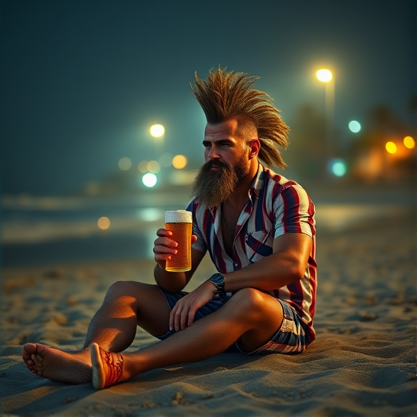 Australian person sitting on the beach with a beer wearing Australian clothes with a big mullet