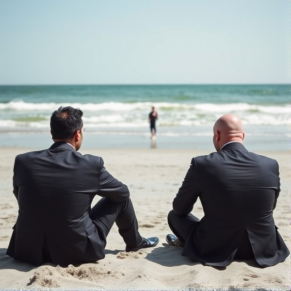 Two men in black and white suits sitting on the beach
