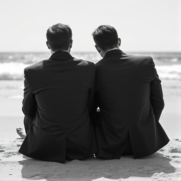 Two men in black and white suits sitting on the beach from behind