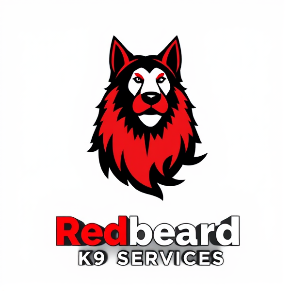 Logo design for Redbeard K9 Services featuring a stylized red beard integrated with a noble canine figure, embodying strength and loyalty, in a striking and professional emblem suitable for branding and corporate identity. The color palette should include shades of red for the beard, along with black and white accents, ensuring high contrast and visibility. The font should be bold and authoritative, yet accessible, positioned prominently beneath the logo graphic.