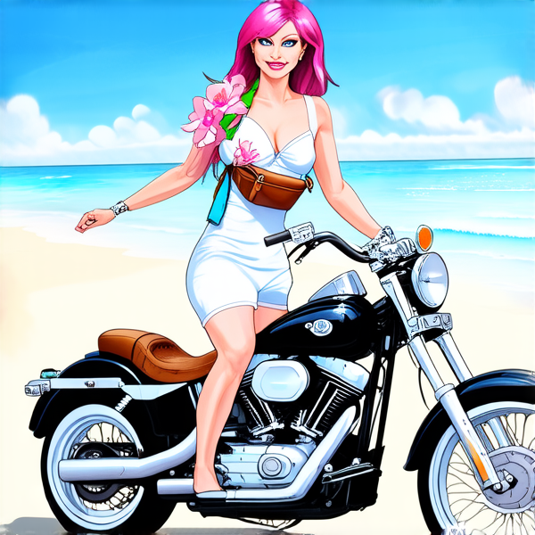Aquarelle : Femme avec des cheveux rose fuchsia sur une harley noir roule sur le plage. elle porte une robe blanche à grosse fleur rose layette et un sac banane à main en cuir marron lanière rose et bleu et vert porté en bandoulière