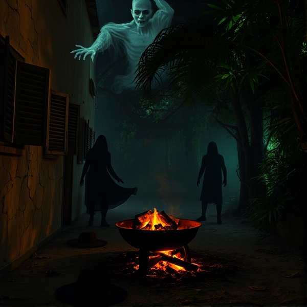 Scène nocturne au Mexique, atmosphère oppressante et chargée de mystère à la suite d'un meurtre non résolu près d'un barbecue encore fumant. Des braises rougeoyantes projettent des ombres mouvantes et sinueuses sur les murs fissurés d'une vieille hacienda abandonnée aux volets ébréchés. Les fenêtres cassées et entrouvertes laissent échapper le vent qui murmure des secrets anciens. Spectre éthéré flottant au-dessus de la scène, dégageant une aura sinistre et glaçante avec ses mains tendues comme pour réclamer justice ou se livrer à une malédiction ancestrale. Sa silhouette se découpe dans une brume fantomatique accentuant son aspect spectral. En arrière-plan, des silhouettes inquiétantes dissimulées partiellement derrière le rideau végétal dense et touffu d'une forêt tropicale luxuriante se profilent menaçantes, baignées par une lumière tamisée et verdâtre qui filtre à travers le feuillage dense agité par une brise légère mais persistante. Les branches entrelacées forment un labyrinthe ombreux créant l'illusion de formes surnaturelles en mouvement, tels que des visages déformés ou des mains griffues atteignant vers l'inconnu. L'air est chargé d'une tension palpable et électrique, coupé parfois par le cri lointain et perçant d'un animal nocturne, suggérant un danger imminent et une peur sourde qui émane du sol gorgé de secrets enfouis depuis longtemps. La terre battue autour du barbecue est jonchée de détails macabres tels que des objets personnels éparpillés témoins silencieux du drame: un chapeau sombrero froissé à côté d'une mare assombrie qui pourrait être du sang coagulé, un collier brisé aux pierres scintillantes sous la faible lumière, ou encore une photographie partiellement brûlée dont les contours noircis se détachent faiblement contre cette même terre battue marquée par les pas précipités de ceux qui ont pris la fuite.