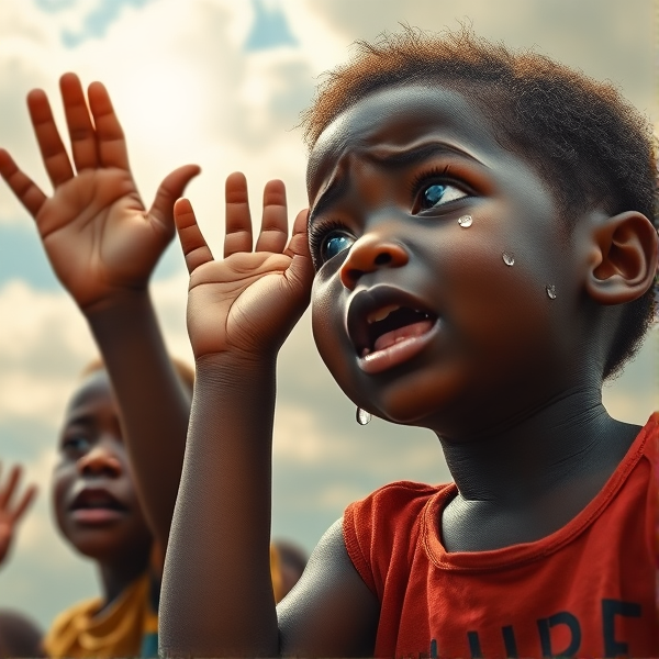 Image d'enfants africains pleurant a grosse larmes mains vers un ciel nuageux lumineux
