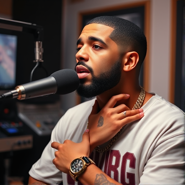 Drake, the rapper, in a dynamic studio setting with a microphone, showcasing his iconic OVO owl tattoo and wearing fashionable streetwear