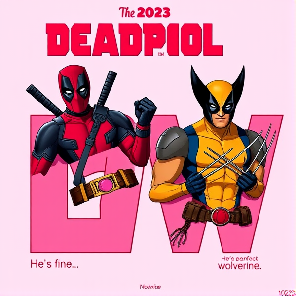 Deadpool and Wolverine poster spoofing the 2023 Barbie movie with Deadpool on a D looking happy and Wolverine on a W looking grumpy. Also a tagline next to Deadpool that says "He’s fine…" and one next to Wolverine saying "He’s perfect though."