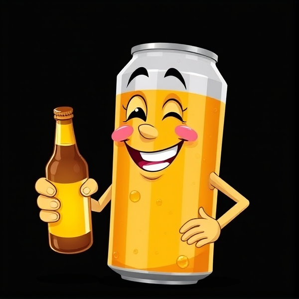 Smiling animated can of beer holding a bottle of beer