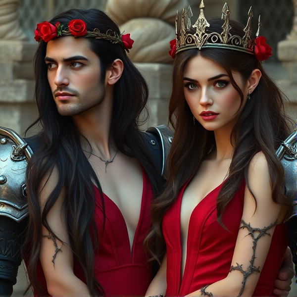 There are is a woman. She is kinda short, with long flowing dark brown hair. She wears a crown of roses and thorns. She has fair skin and green eyes. She wears a red 2 piece dress with a long slit up it. There are thorns snaking around her arms, like those in her hair. To her left is a man, much taller than her. He has short black hair that flows to about his shoulders. He has black eyes and a pale complexion. He wears a silver crown with spikes, and black and silver armor with more spikes. He loves the woman greatly.