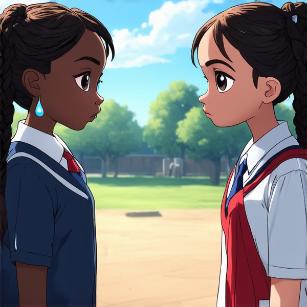 deux jeunes filles de huit ans portant des tresses africaines noires et des uniformes scolaires se tenant face à face dans une cour d'école, les yeux humides de larmes et l'air bouleversé alors qu'elles sont en pleine dispute
