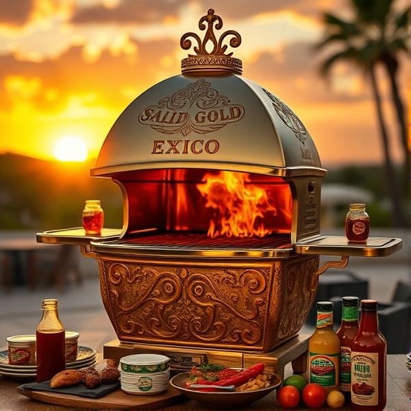 Un barbecue luxueux en or massif avec des motifs traditionnels mexicains, posé sur un fond de coucher de soleil au Mexique, des flammes chatoyantes cuisant des aliments épicés et un assortiment de sauces mexicaines colorées à côté.