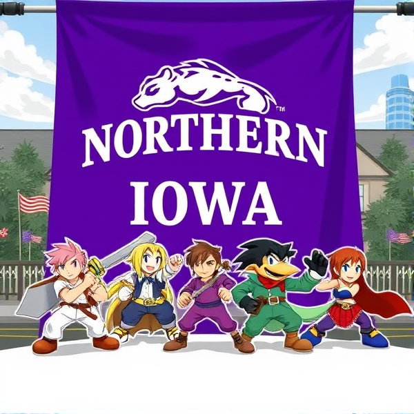Purple University of Northern Iowa banner with characters from Super Smash Brothers Melee on it