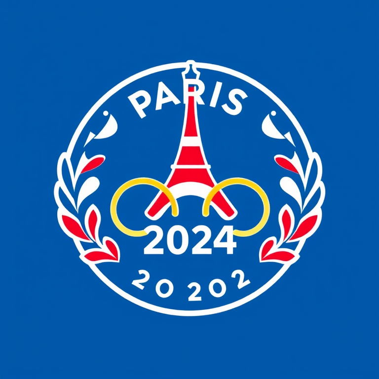 Conception d'un logo pour les Jeux Olympiques de Paris 2024, intégrant des éléments emblématiques français et l'esprit olympique, avec une esthétique moderne et dynamique, couleurs bleu, blanc, rouge
