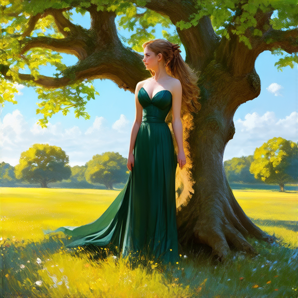 majestueux chêne centenaire aux feuilles vertes luxuriantes, éclairé par une douce lumière dorée du matin, ciel bleu clair en arrière-plan avec quelques nuages légers