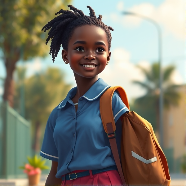 Jeune écolière africaine de huit ans, coiffée de tresses africaines serrées, souriante, portant un uniforme d'école coloré et tenant un cartable robuste sur le chemin de l'école sous un ciel clair matinal