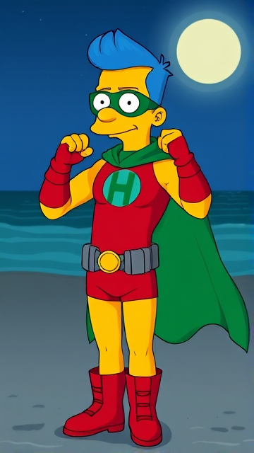 Milhouse Van Houten from The Simpsons, with his yellow skin, really big round nose, and blue hair that's slicked back and curled up at the top, but as an 18-year old teenager, dressed as a parody of Robin, The Boy Wonder, with an extremely muscular torso and arms, a green bodysuit with a red torso adorned with a green H symbol on his chest, a grey utility belt, red boots, red long-cuffed gloves, a big green cape, and a green eye mask with optical lenses in it, now known as Houseboy, The Nerd Wonder, the other half of Springfield's Dynamic Duo, and one of the greatest vigilante superheroes ever known in Springfield. He is currently standing on the beach at night, taking a break from his heroic duties to reflect on his growth and transformation into the vigilante he has become.